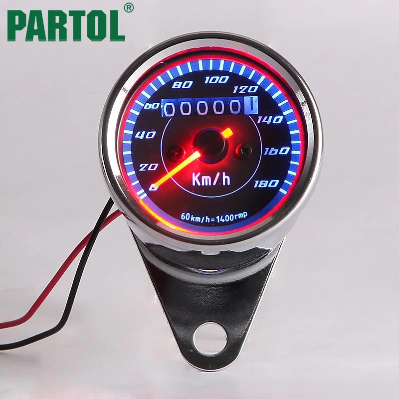 Partol High Capacity Black Face Silver Metal Circle Motorcycle LED Backlit Dual Speedometer