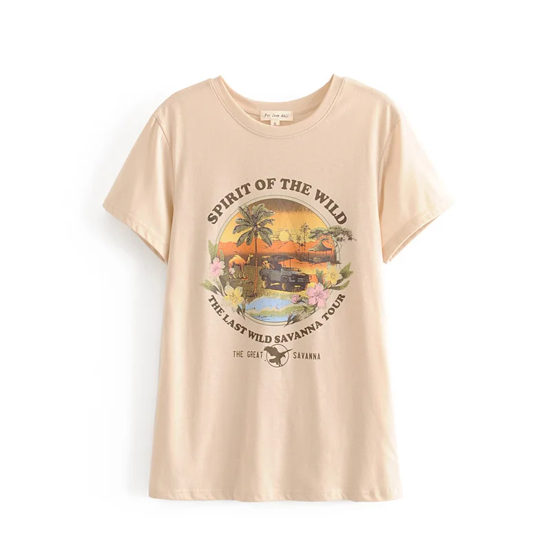 

2019 Women T Shirt Sunset coconut print Khaki Long Tee Summer Casual O neck Short sleeve letters Shirt Female Tops A008