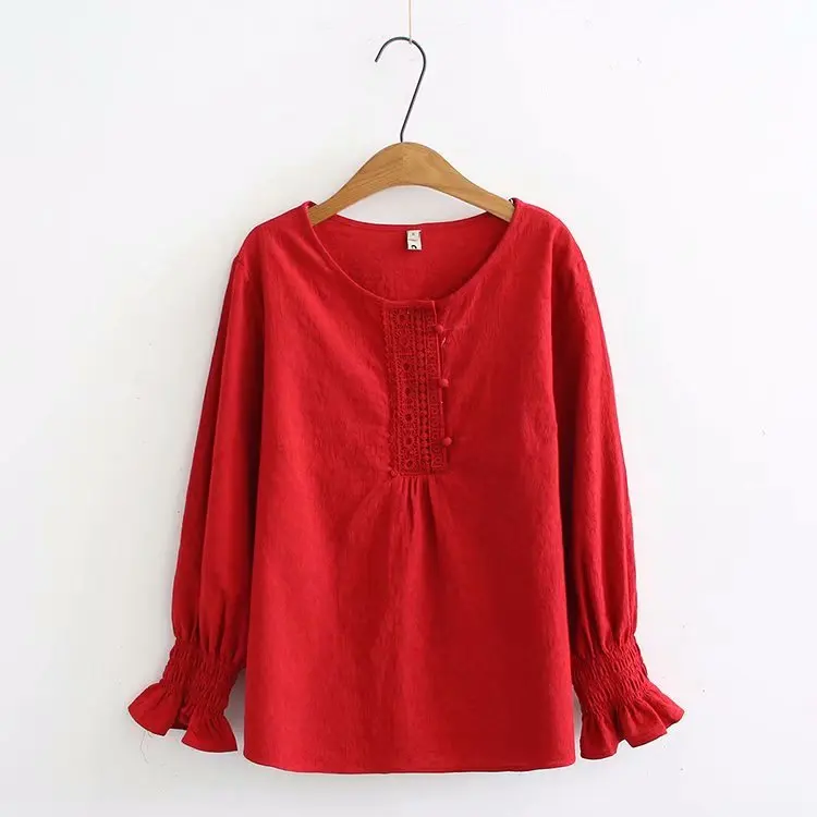 Большие размеры, черные и красные и синие жаккардовые блузки для женщин,, повседневная кружевная рубашка с длинным рукавом и круглым вырезом, весенне-осенние Хлопковые женские топы - Цвет: Красный
