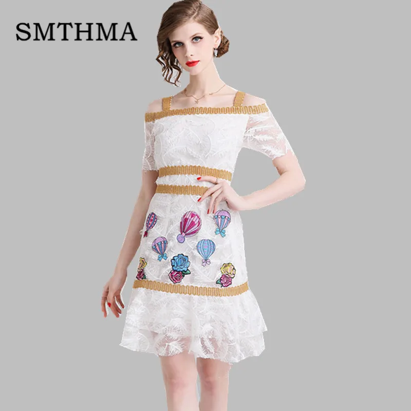 

SMTHMA 2019 Runway style woman summer White feather embroidery balloon Lace dress Sexy off the shoulder party dress