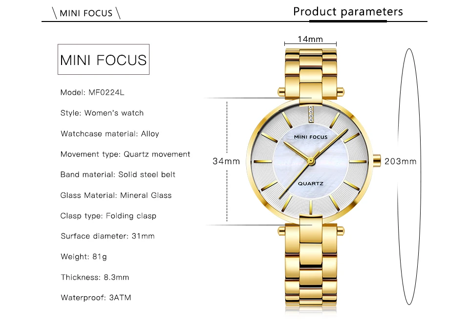 Мини Фокус черный браслет из нержавеющей стали часы для женщин модное роскошное платье наручные часы для леди Женщины Relogios MFW0224Gold