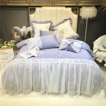 

Luxury Purple Flowers Embroidery 60S Egyptian Cotton Princess Girl Bedding Set White Lace Duvet Cover Bed sheet/Linen Pillowcase