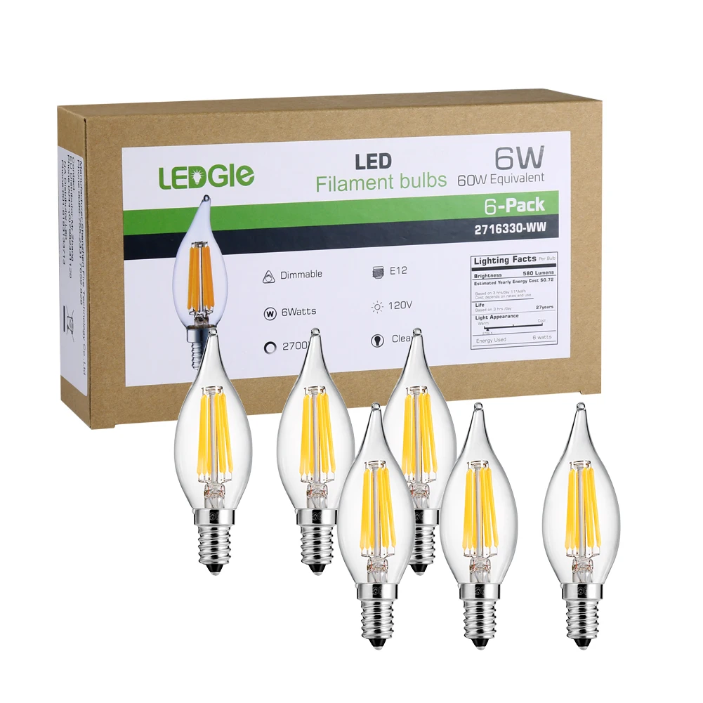 Ledgle 6 Вт LED Лампочки затемнения E12 светодиодные лампы накаливания свечах для
