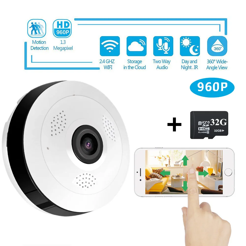 SHRXY 360 Degree Panoramic Wide Angle MINI Cctv Camera 960P HD Wireless Smart IP Camera Fisheye Home Security V380 Wifi Camera
