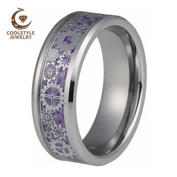 

Gear Ring Wedding band Tungsten Rings for Men Women Mechanical Gear Wheel Purple Carbon Fiber Inlay Beveled Edges Comfort Fit