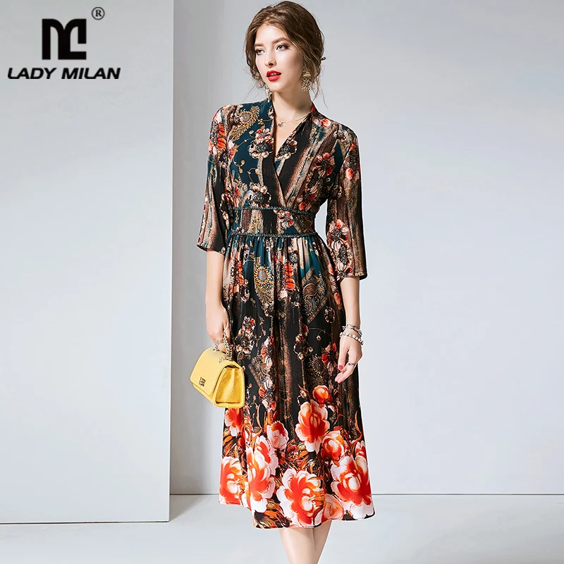 

100% Natural Silk Women's Runway Dresses V Neck 3/4 Sleeves Printed Elastic Waist Elegant Summer Dresses