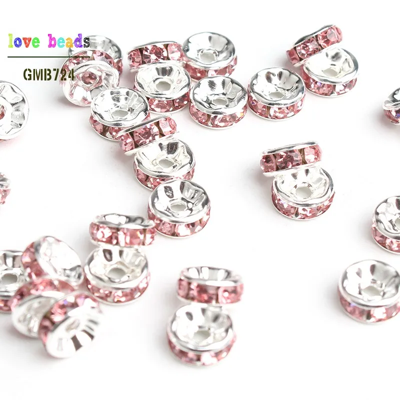 

6/8mm Metal Silver Pink Crystal Rhinestone Rondelle Loose Beads DIY Jewelry Making Accessories 100/200/300pcs/lot