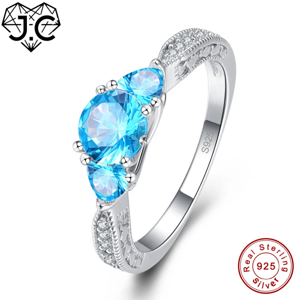 

J.C Pretty Round Dazzling Blue & White Topaz 925 Sterling Silver Ring Size 6 7 8 9 For Women Engagement Wedding Fine Jewelry