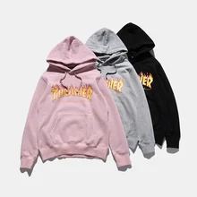 Весна Осень Thrasher Балахон Толстовки Мужчины Хип-Хоп Хлопка Пламени Письмо Пуловеры Скейтборды Thrasher Розовый Пара Толстовка Пальто