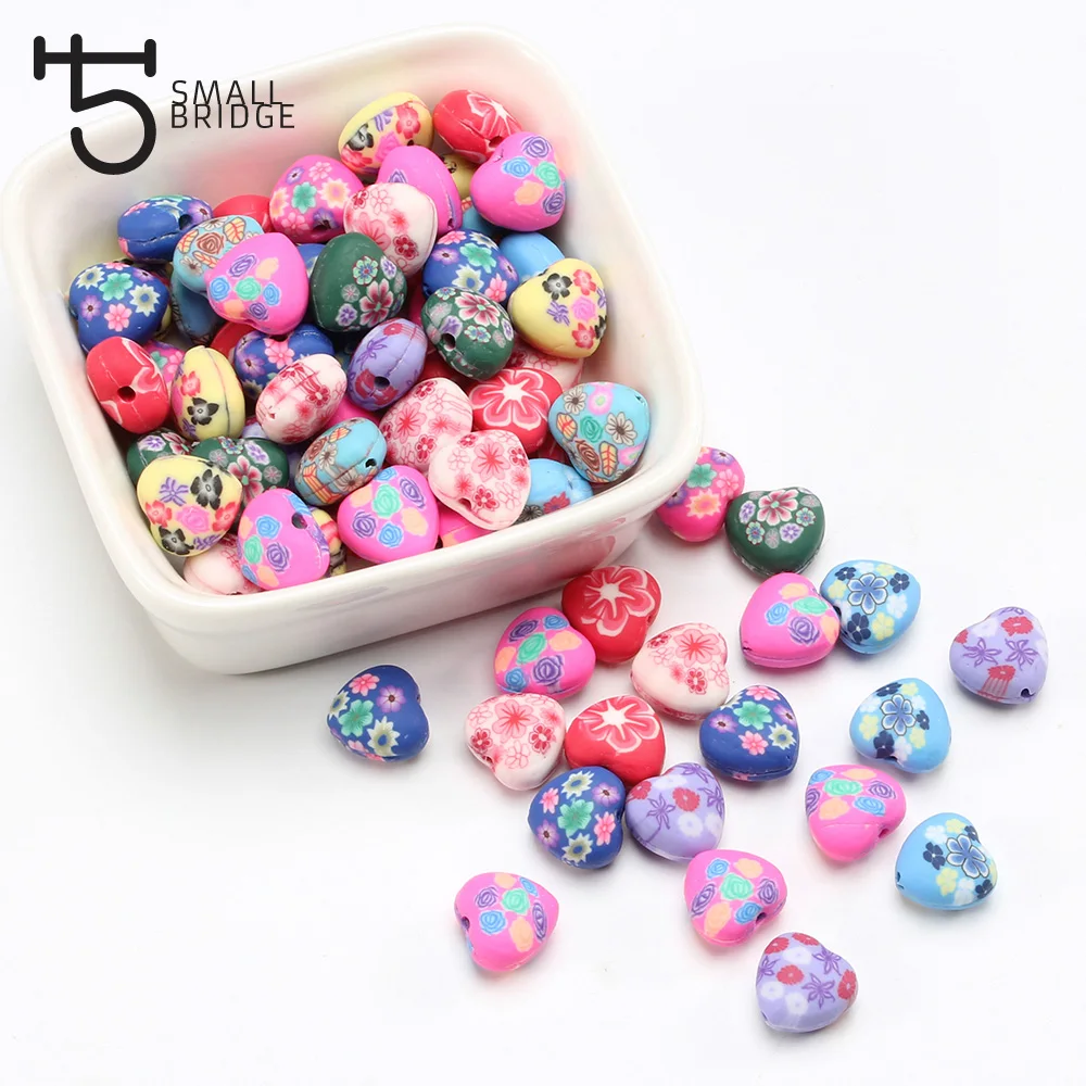 

10mm Heart Shape Fimo Polymer Beads For Jewelry Making Women Diy Crafts Printing Flower Pattern Clay Beads Wholesale V801