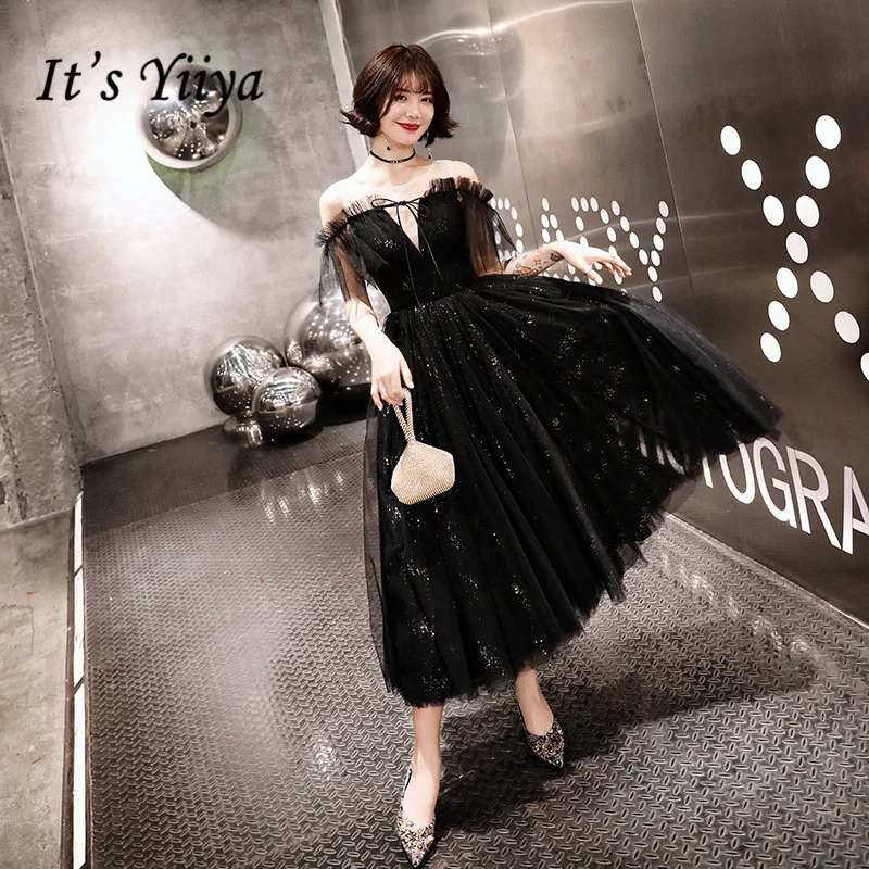 Это YiiYa вечернее платье модные черные сексуальные платья с открытыми плечами тонкие элегантные женские вечерние платья на шнуровке размера плюс E010 - Цвет: Short