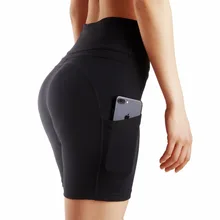 Женские шорты для йоги с боковым карманом, контроль живота, тренировка, бег, спорт, 4-Way, стрейч, черные облегающие шорты для женщин
