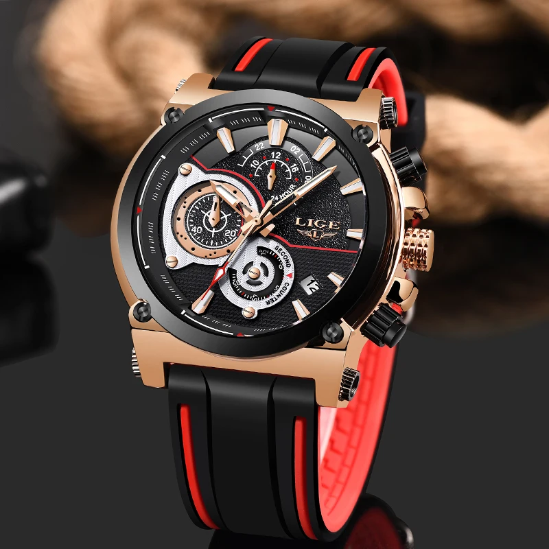 

2019 LIGE Mens Watches Silicone Strap Top Brand Luxury Waterproof Sport Chronograph Gold Quartz Wristwatch Relogio Masculino Gif