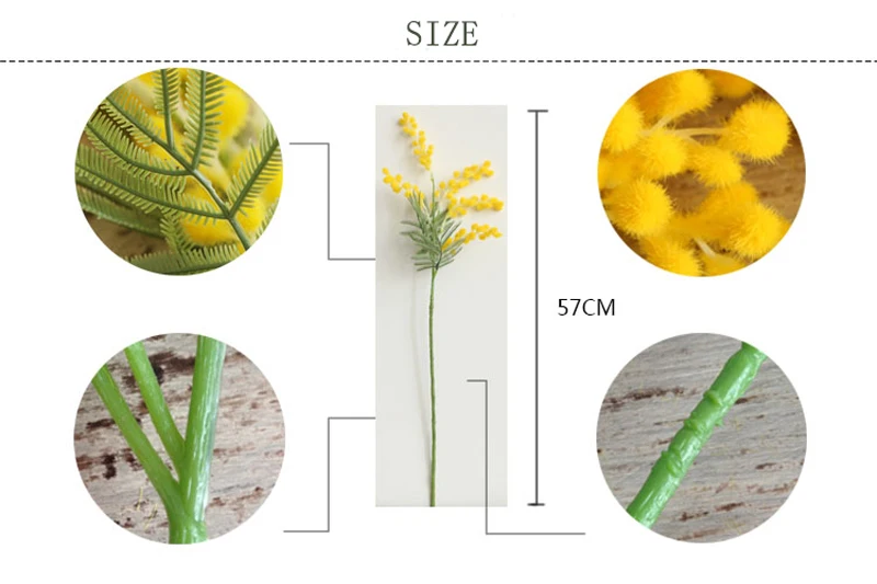 50 шт. 57 см поддельные желтые ветки цветка искусственные растения Мимоза пластиковые листья маленький помпон тычинки для обеденного стола украшения спальни