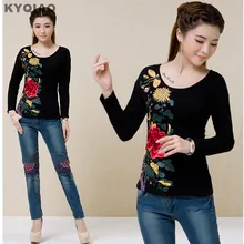 KYQIAO, женские пуловеры, осень, этнический дизайн, длинный рукав, Цветочная вышивка, рубашка размера плюс, Оригинальная Черная, белая футболка, топ