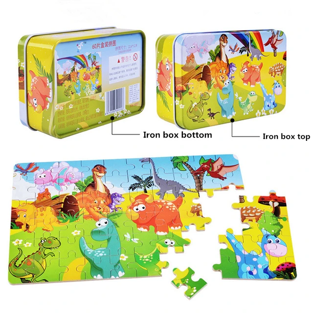 60 Pieces Puzzle Wooden Cartoon Animal  Wood with Iron Box Kids Baby Early Educational Learning Toys for Children 5