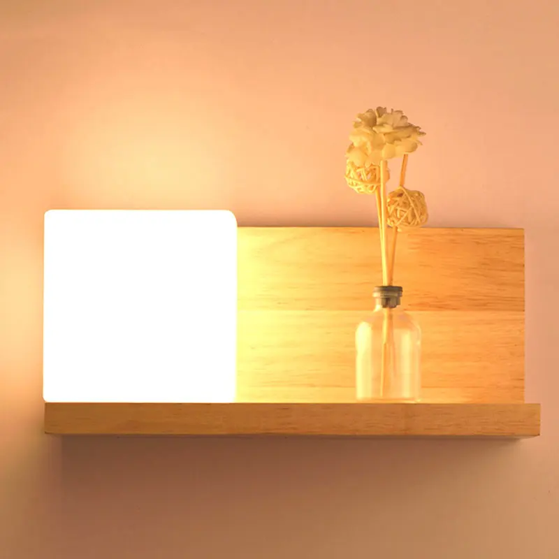 Прикроватная деревянная настенная лампа стойка для хранения E27 розетка для спальни ночной Светильник из матового стекла современный скандинавский стиль настенный светильник s