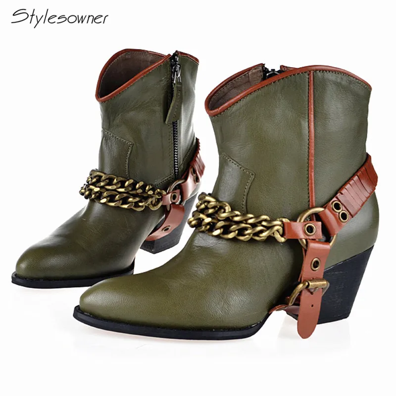 solid pointed toe low heel biker boots