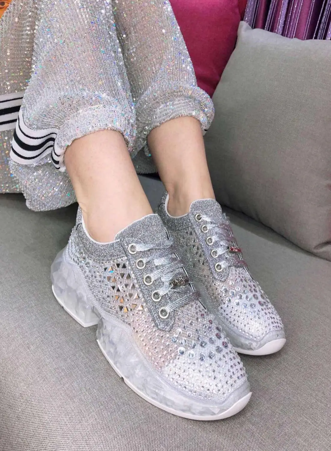 Fashion Casual Women's Sneakers Crystal Comfortable Breathable Transparent Combination Sloe Rhinestone Leisure Dady Shoes