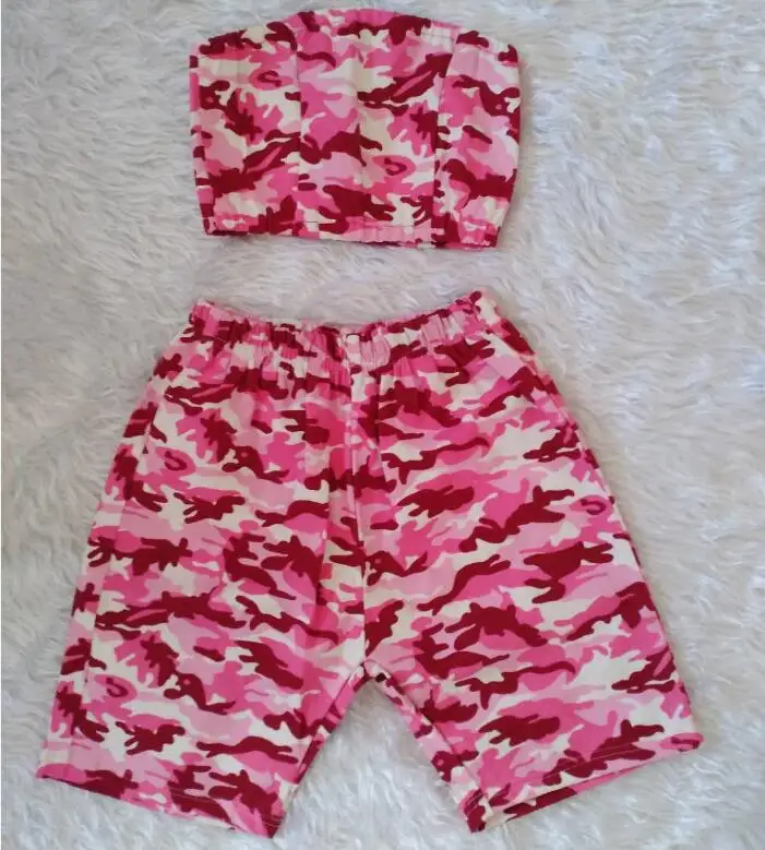 Women Sexy Short Two Piece Set Boob Tube Crop Tops and Biker Shorts 2 Piece Set Pink Camouflage Bodycon Matching Sets Plus Size
