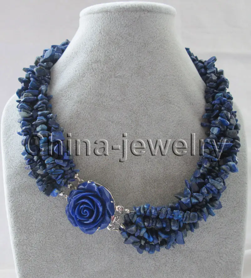 

FREE SHIPPING *******Beautiful 18" 6row natural lapis lazuli chip necklace - jaffaite flower clasp