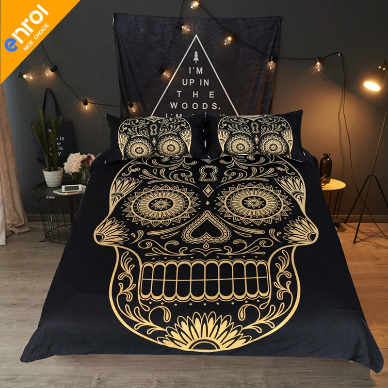 

3pcs Bedding Set Golden Skull Pattern Black Duvet Cover Sets with 2 pillowcases For Twin/Full/Queen /King Size Cheap Bedding Set