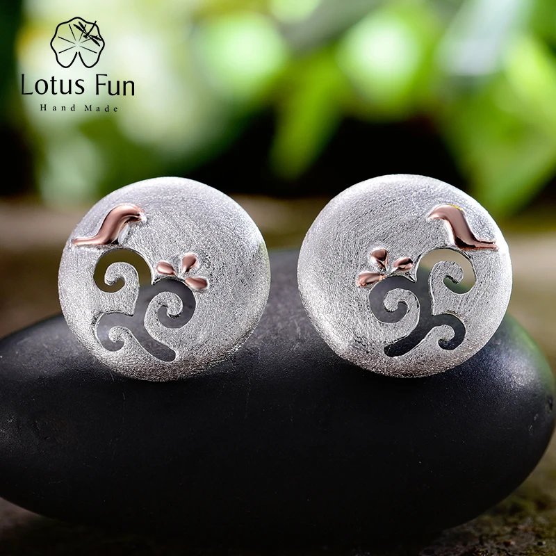 

Lotus Fun Solid 925 Sterling Silver Earrings for Women Multi-tone Gold Hollow Round Tree Bird Stud Earring valentines day gift