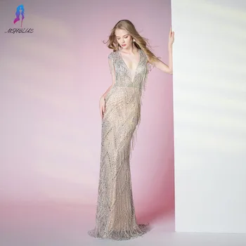 

Luxury Silver Rhinestones Evening Dresses Long Deep V Neck Elastic Nude Lining Evening Gown Competition