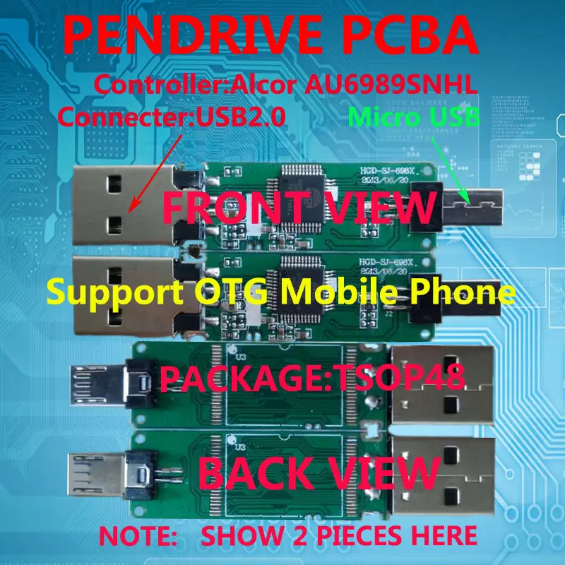 USB флэш-накопитель PCBA AU6989SNHL-GT Флэшка OTG, двухпортовый USB флэш-диск PCBA, контроллер: AU6989SNHL-GT MicroUSB и USB порты