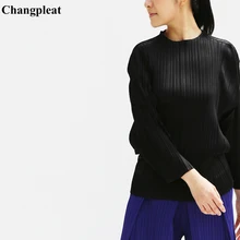 Changpleat Весна Женская свободная футболка Miyak плиссированный дизайн сплошной стоячий воротник плюс размер высокая уличная женская футболка Мода Tide