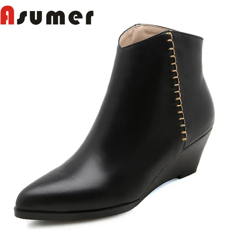 

ASUMER HOT SALE 2020 fashion ankle boots for women solid winter shallow boots pointed toe temperament genuine leather boots