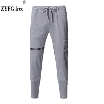 Fashion men's casual pants middle waist contrast color trousers zipper decorative sportspants for men's pants feet pantsFashion men zipper detail contrast panel pants