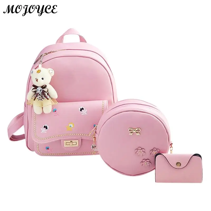 

3pcs/Set Women Fashion Flower Embroidered Backpack Set 4 Colors Backpacks for Teenagers Girls PU Leather Soft Shoulder Bags