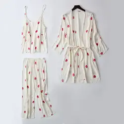 Daeyard сна Lounge комплект из 3 предметов хлопковые пижамы для девочек для женщин белый клубника печати пижамы милые Весна домашний
