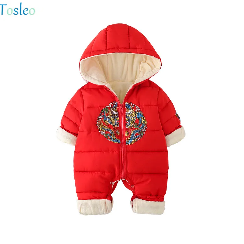 

Baby Clothes Chinese Style Dragon Printed Winter Toddler Costumes Fur Inside Warm Girls Rompers New Born Boys Outfits Red Blue
