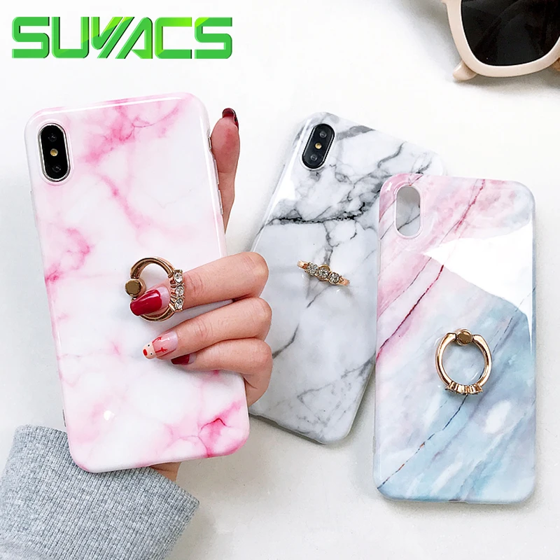 

SUYACS Marble Phone Case For iPhone 11 Pro Max XR XS MAX X 6 6S 7 8 Plus Finger Ring Kickstand Soft IMD Phone Back Cover Cases