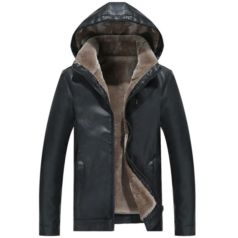 

Leather Jacket Men Fur Warm Motorcycle Leather Jackets Men's Winter Windbreaker Thicken Fleece Hooded Coat Outerwear Clothes