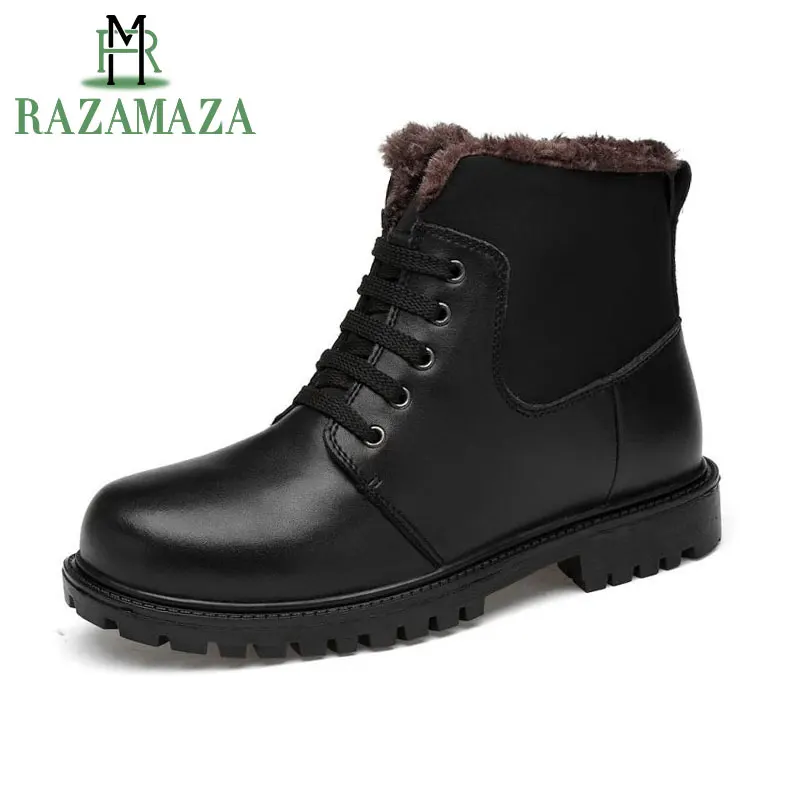 

RAZAMAZA Genuine Leather Men Boots Lace Up Motorcycle Outdoor Waterproof Snow Boots Winter Shoes Man Plush Fur Insole Footwear