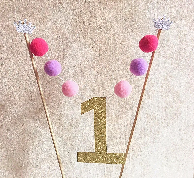

New Gold 1st Birthday Cake Toppers bunting party deco wedding Baby shower decoration Pompons cake bunting handmade 1 cake flag