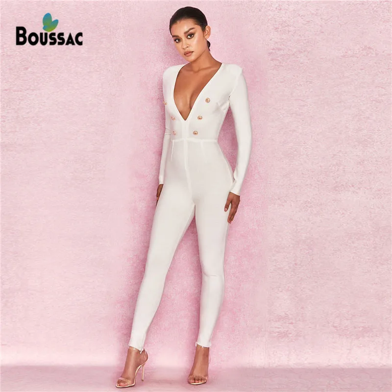

BOUSSAC Women Rayon Bandage Jumpsuit White Color with Golden Button Full Length Skinny Style Romper One Piece Suit Sexy Jumpsuit