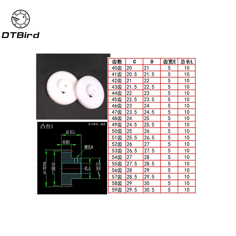 

Free shipping 2pcs 0.5M 40T 41T 42T 43T 44T Nylon Pom Plastic Hole convex Copper motors gear