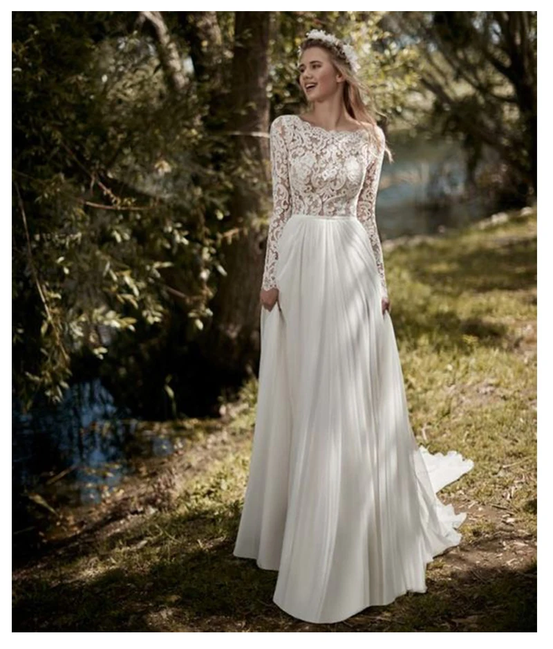 

Boho Long Sleeves Wedding Dress 2019 Robe de mariee Vintage Lace Top New Bridal Dress Chiffon Wedding Gowns