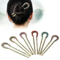Ретро U форма волосы палочки для волос античная бронза покрытием шпильки для женщин горный хрусталь цветок аксессуары для волос