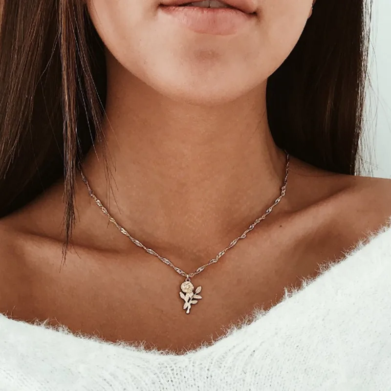 

Gold Pendant Necklace For Women Plant Flower Rose Necklace Minimalist Indian Jewelry Temperament Women Boho Charm Short Choker
