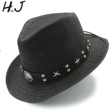 Женская и мужская соломенная западная ковбойская шляпа для лета ковбойская шляпа сомбреро Billycock шапки панк ремень хороший пакет Размер 58 см