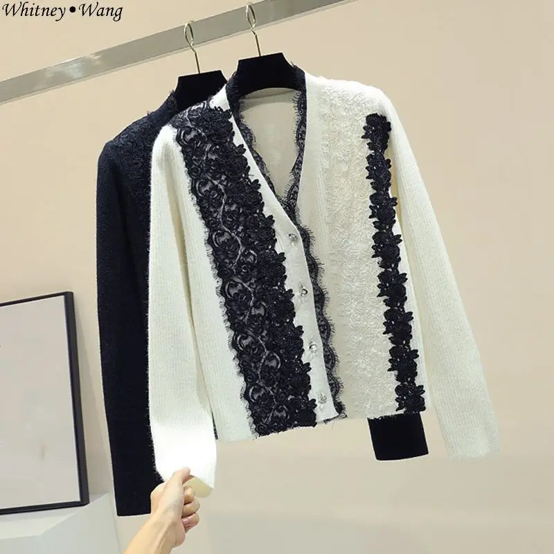 

WHITNEY WANG 2019 Spring Autumn Fashion Streetwear Colors Contrast Lace Patchwork Cardigan Women Sweater Jumper Sweaters