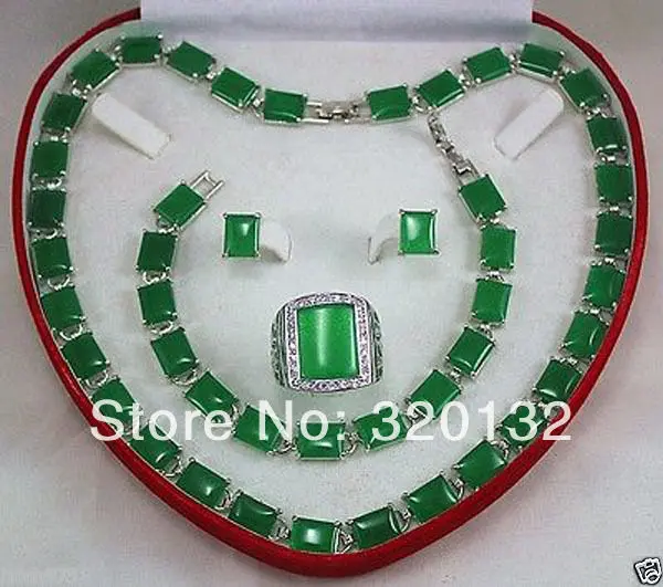 

FREE SHIPPING>>@> Beautiful green jade necklace bracelet earring ring Jewellery set size 8-11# Silver gold plated Jewellery sets