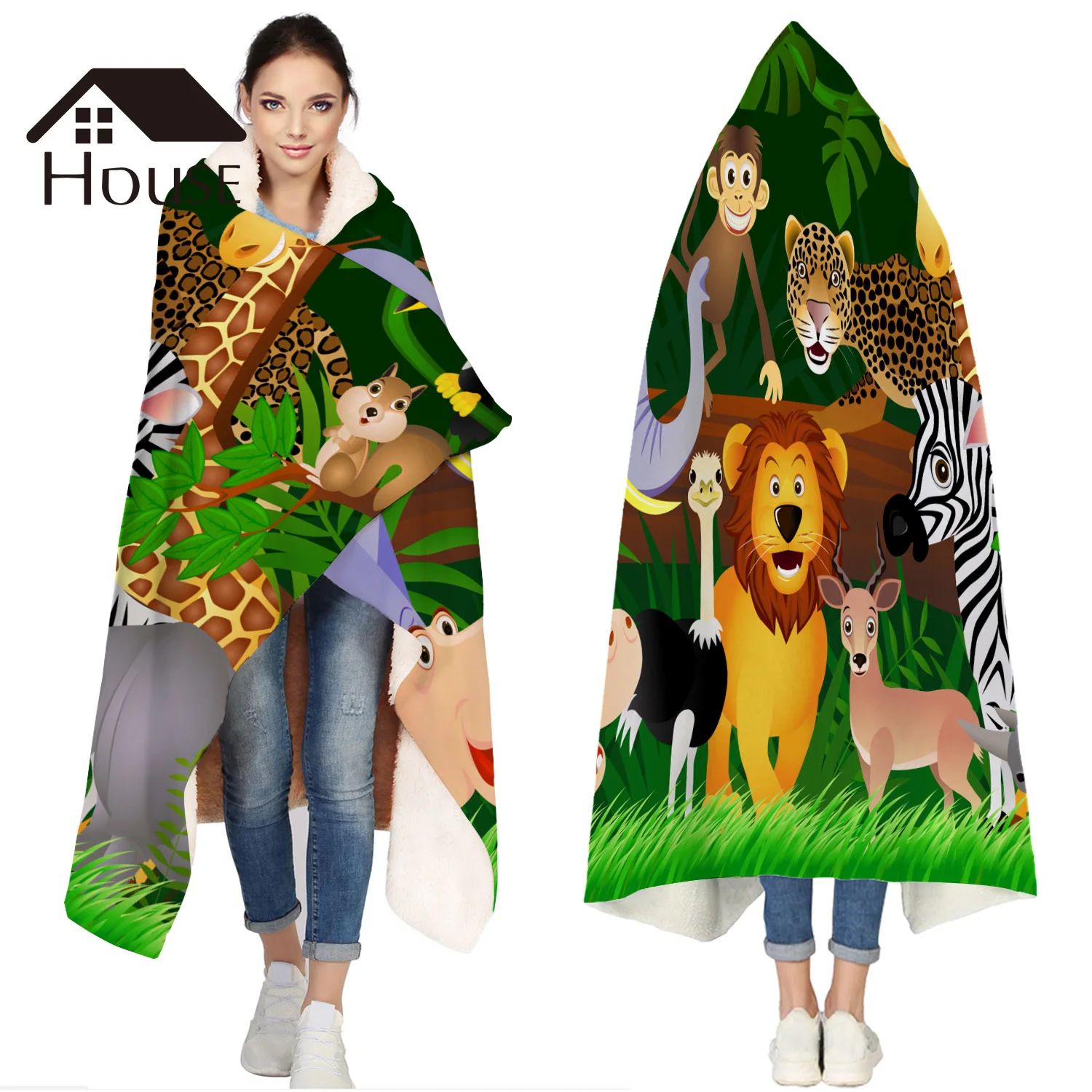 

Portable Wearable Fluffy Custom Hooded Blanket Animals In The Jungle Fleece Hooded Throw Blanket