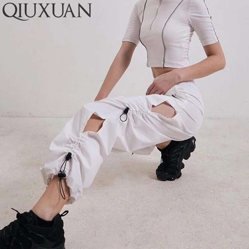 

Qiuxuan White Women Harem Pants Split Side Drawstring Hollow Out Casual Sweatpants Summer Joggers Elastic High Waist Trousers