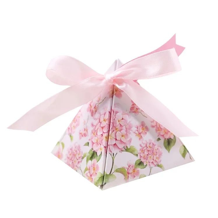 100 шт треугольная пирамида розовый цветок гортензии Свадебные сувениры конфеты коробки ребенок душ вечерние Подарочная коробка+ спасибо бирки
